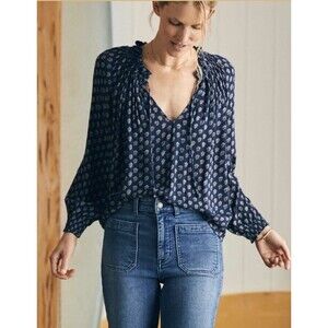 Faherty Navy Printed V-Neck Peasant Blouse